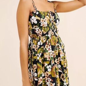 Moon River Black Floral Midi Dress with Olive and White Accents